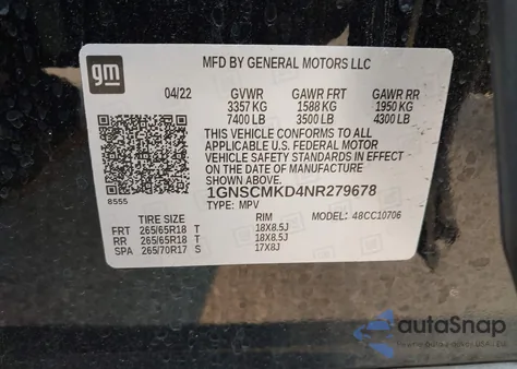 2022 Chevrolet Tahoe 2Wd Ls z USA, uszkodzony, nr VIN 1GNSCMKD4NR279678